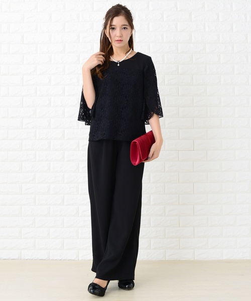 Lace Ladies パンツドレス 花柄レースフレア袖ワイドボトム