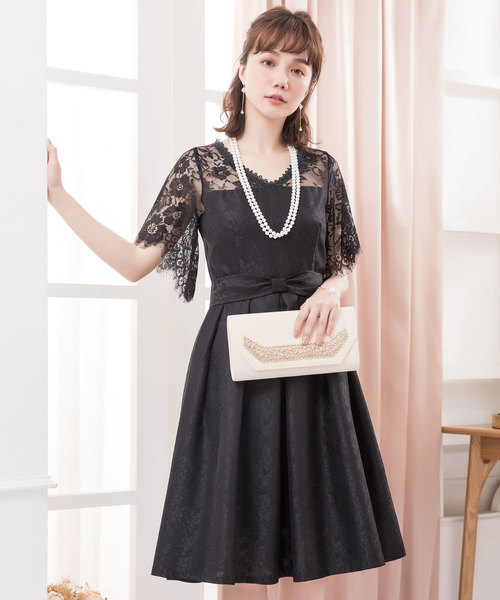 五分袖 Vネック ワンピース ドレス リボリュームスリーブ 1584 DRESS STAR ドレス Vネックレーススリーブウエストリボン