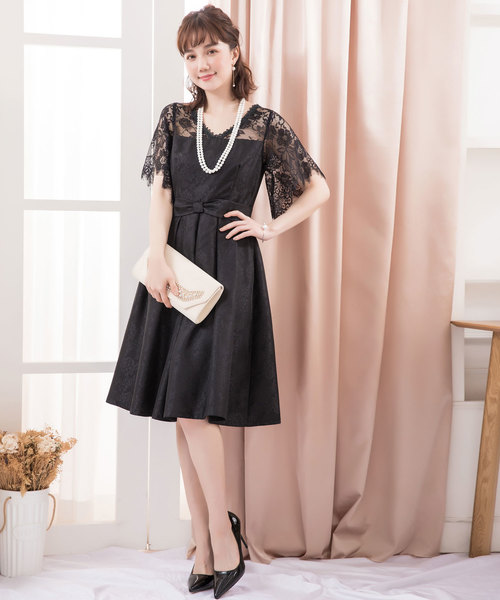 【新品タグ付き】Ray BEAMS ワンピース ドレス レーススリーブ Vネック DRESS STAR ドレス Vネックレーススリーブウエストリボン