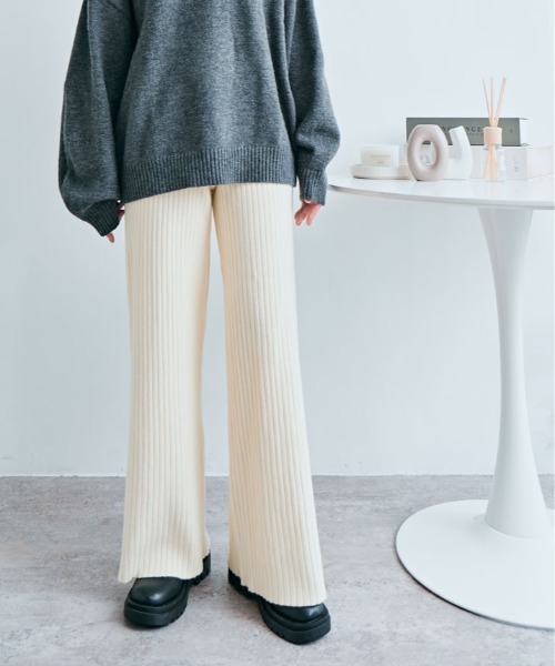 パンツ 「25AWの新色登場!」 柔暖 リブニット ワイドパンツ レディース