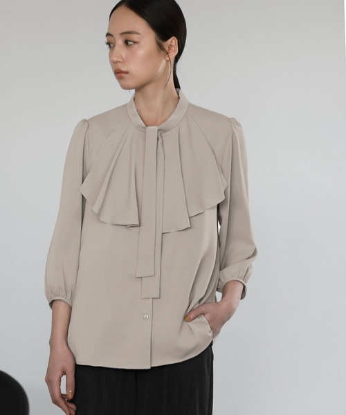 Flolia ブラウス シャツ ボウタイラッフルスタンドカラー七分袖