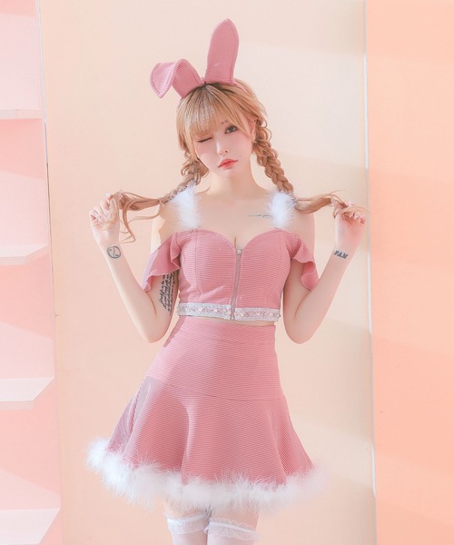 Tika 熊 アニマル コスプレ衣装 6点セット ピンク Tika ハロウィン コスプレ かわいい テディベア へそ出し ふわもこ