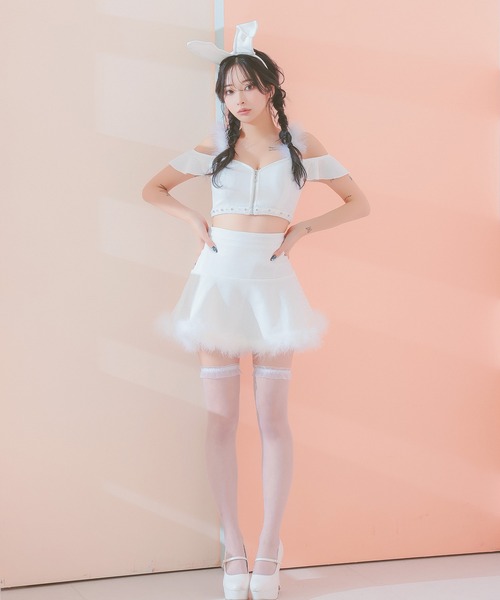 メイド風ギンガムチェックセクシーペアへそ出しフレアスカートバニーガール コスプレ] ギンガムチェックラブリーフリルリボンフレアスカート