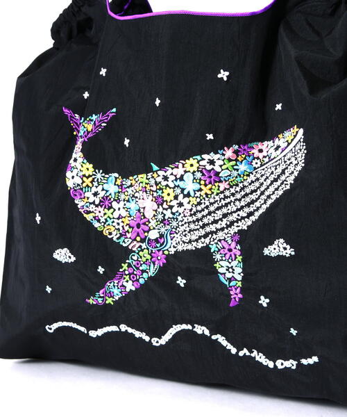 新品ba l l &chainFLOWER WHALE ブラックエコバッグL フラワー ホエール クジラ エコバッグ Lサイズ ブラック
