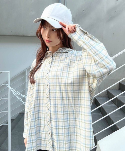 ブラウス シャツ フード付きビッグチェックシャツ/fint　フィント レディース F i.n.t ブラウス シャツ フード付きビッグチェックシャツ/fint