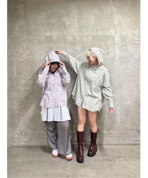 ブラウス シャツ フード付きビッグチェックシャツ/fint　フィント レディース F i.n.t ブラウス シャツ フード付きビッグチェックシャツ/fint