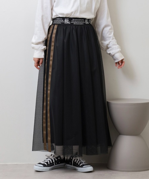 スカート A.N.L サイドライン ロゴウエストゴム メッシュロング