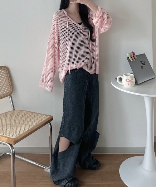 nemne（ネンネ） ニット セーター スキッパーリボンメッシュニット