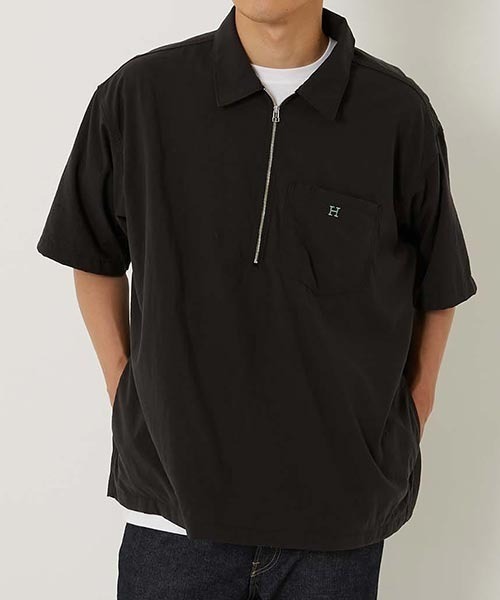 FOURBARS ヴィンテージ　黒 半袖プルオーバー　ハーフジップ　レザーシャツ 接触冷感 オーバーサイズダンボールハーフジップ半袖プルオーバーT