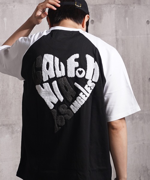 【GRAVER】ベアハートブラック刺繍半袖T 2COLOR tシャツ ハート サガラ刺繍 ラグランTシャツ / Heart Sagara