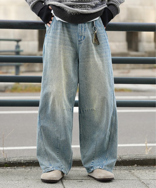 Bleme ジーンズ ヴィンテージ加工 カーブデニムパンツ メンズ