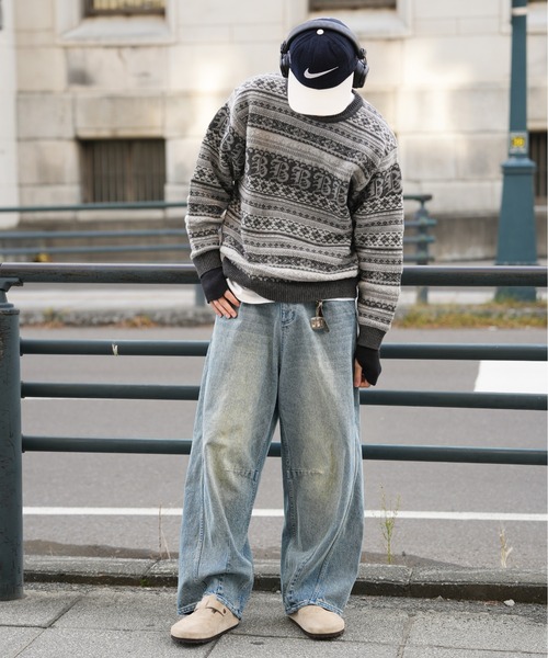 Bleme ジーンズ ヴィンテージ加工 カーブデニムパンツ メンズ