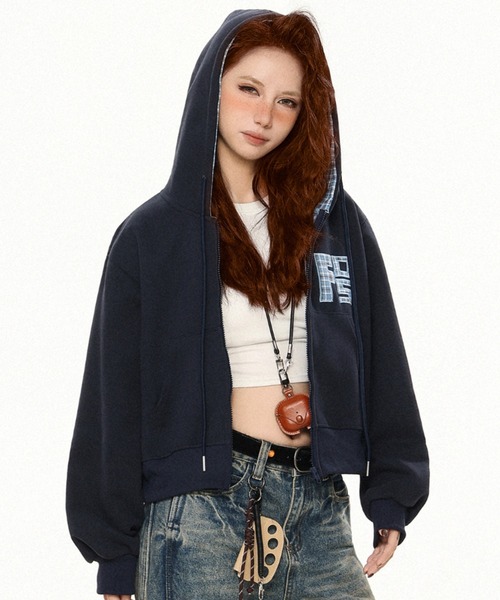 パーカー 「5色展開」チェック柄フード付きジップパーカー/韓国っぽゆるシルエット レディース メンズ | DIAVEL | 20