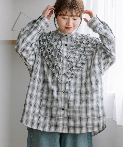 POU DOU DOU（プードゥドゥ） ブラウス シャツ フロントフリルチェック