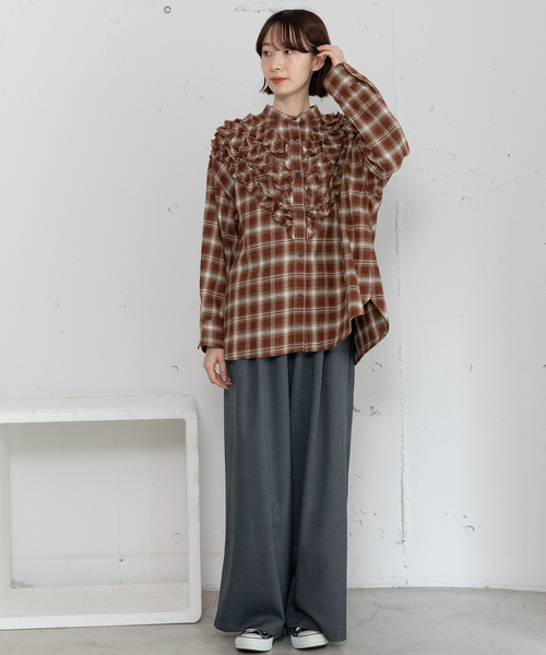 POU DOU DOU（プードゥドゥ） ブラウス シャツ フロントフリルチェック