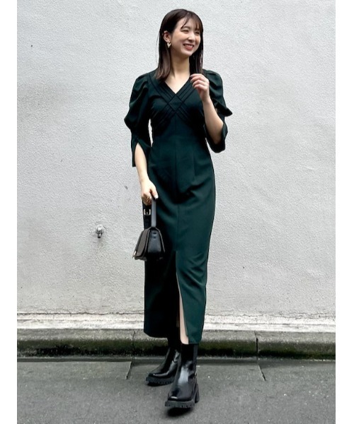 LILY BROWN（リリーブラウン） 7分袖ワンピース ONE SIZE グリーン