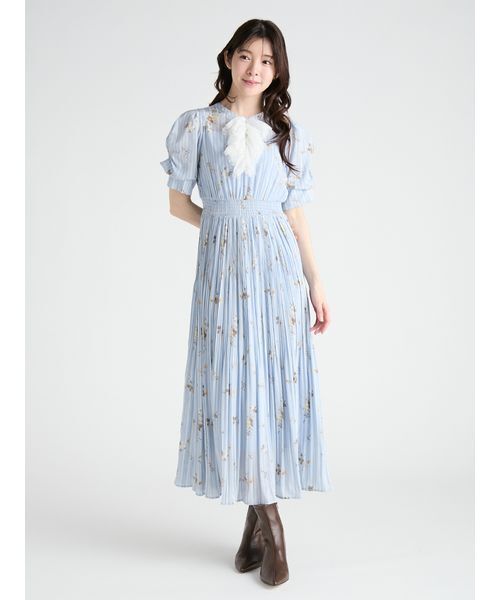 高級感✨セルフォード ロングワンピース プリーツ 花 水色 青 38 M 半袖 CELFORD（セルフォード） ワンピース 半袖 フローラルヨークレース