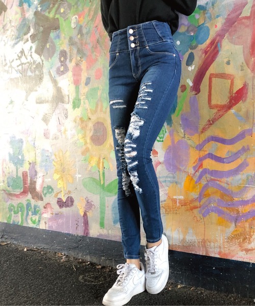 ジーンズ デニム デニムパンツ ボタンフライ ハイウエストダメージスキニー レディース | meJane | 13