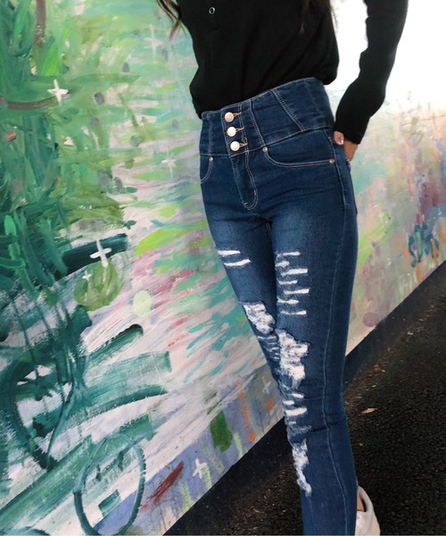 ジーンズ デニム デニムパンツ ボタンフライ ハイウエストダメージスキニー レディース | meJane | 21