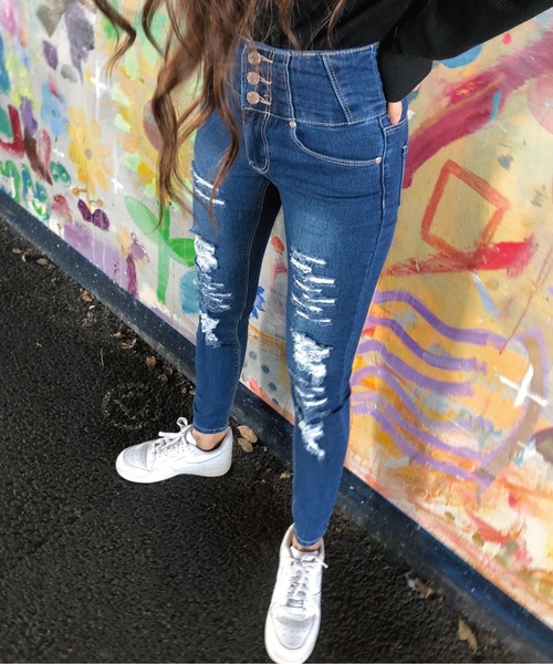 ジーンズ デニム デニムパンツ ボタンフライ ハイウエストダメージスキニー レディース | meJane | 17
