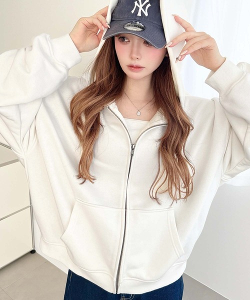 パーカー TC裏毛袖ワンポイントバック刺繍ジップアップパーカー