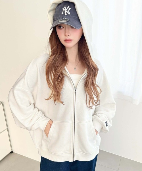 パーカー TC裏毛袖ワンポイントバック刺繍ジップアップパーカー