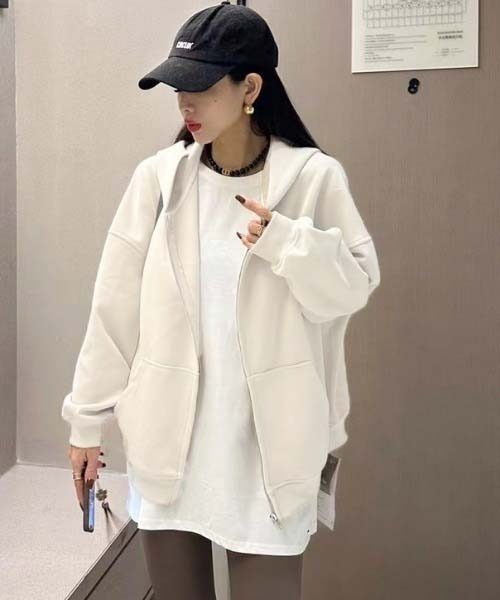 パーカー TC裏毛袖ワンポイントバック刺繍ジップアップパーカー