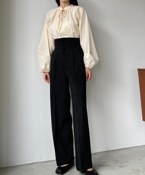 Louere スラックス パンツ ハイウエストタックパンツ レディース