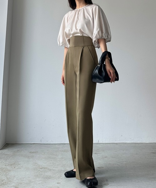 Louere スラックス パンツ ハイウエストタックパンツ レディース