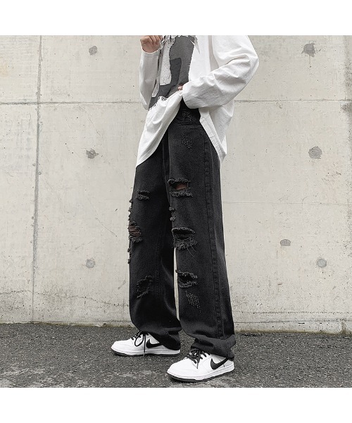 ストレート デニムパンツ ダメージ ストリート 全2色 韓国 b5256 Dalfwin ジーンズ デニム デニムパンツ 韓国ファッション 韓国