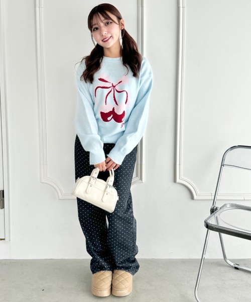 √nuage ニット セーター キュートチェリーリボンニットプルオーバー 
