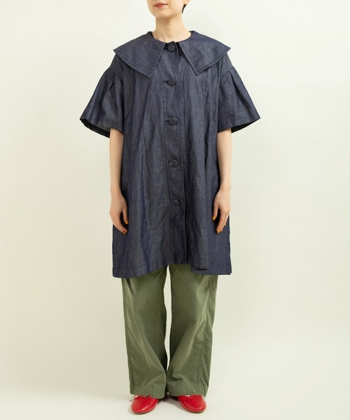 新品　CHILD WOMAN 綿ラミーライトデニム　BIG襟ミニワンピース CHILD WOMAN ワンピース 綿ラミーライトデニム BIG襟ミニ