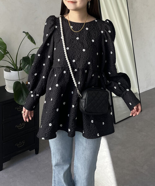 ブラウス シャツ バブルヘム シャツ レディース prose verse ブラウス シャツ フラワー刺繍パフスリーブペプラム