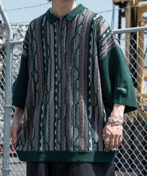 「Perushu」 半袖ニット LARGE ボルドー メンズ