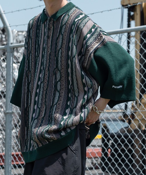 「Perushu」 半袖ニット LARGE ボルドー メンズ