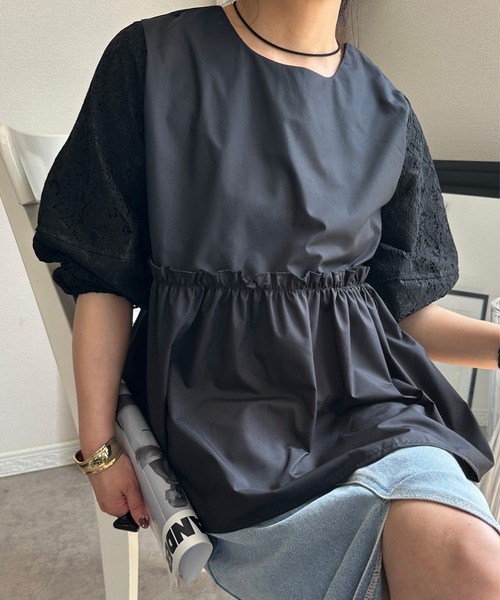 tシャツ 袖レース腰切り替えTシャツ レディース