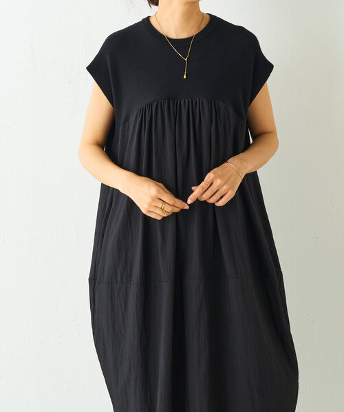 BEARDSLEY ビアズリー ニット コンビ ギャザー ワンピース ブラック BEARDSLEY（ビアズリー）の「ニットコンビギャザーワンピース