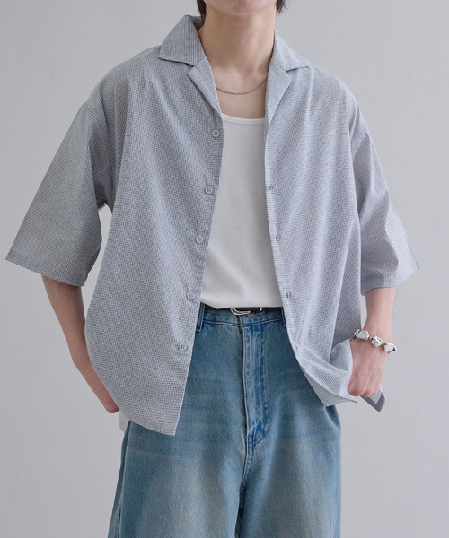 KENNINGTON / 60S/開襟/オープンカラー半袖シャツ/M/レーヨン/グレー/チェック epnok シャツ オープンカラー半袖チェックシャツ メンズ レディース