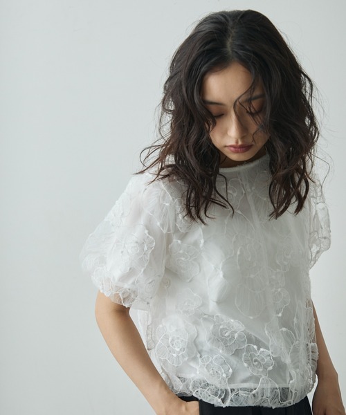 Lunea ブラウス シャツ 夏 半袖 フラワーチュールレーストップス