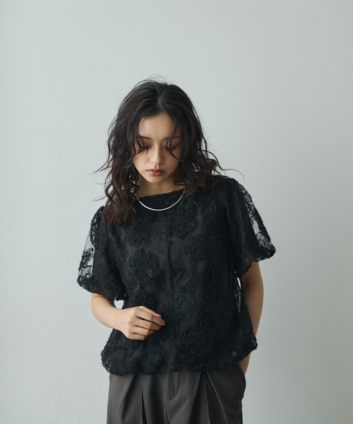 Lunea ブラウス シャツ 夏 半袖 フラワーチュールレーストップス