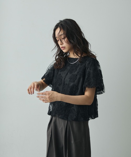 Lunea ブラウス シャツ 夏 半袖 フラワーチュールレーストップス