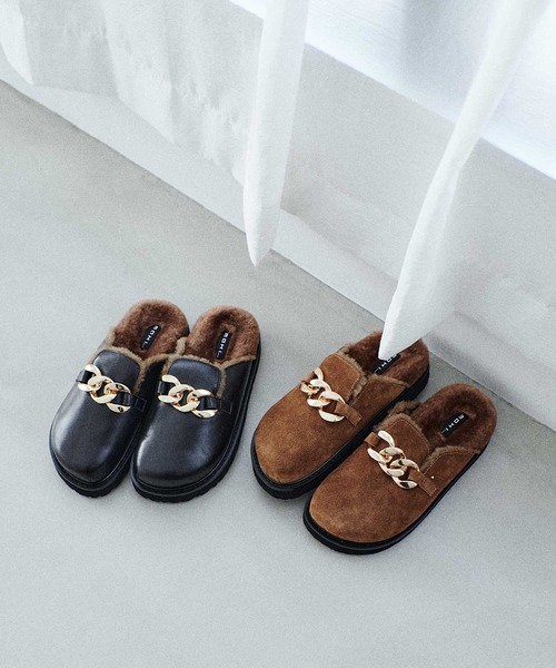 【美品】ＭＯＨI... モヒ ファーサボ スリッポン ベージュ37 MOHI スリッポン 「MOHI/モヒ」チェーンファーサボ レディース