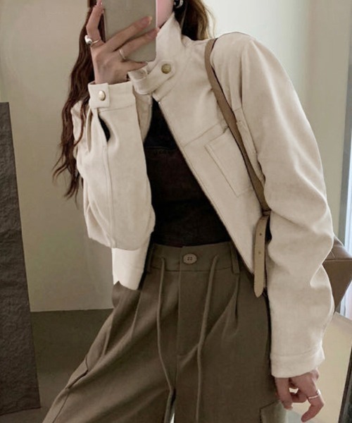 ReRe ブルゾン アウター スエード調スタンドカラークロップジャケット