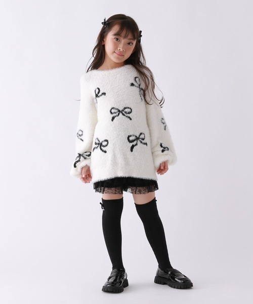 MeihaoStore リボン 立体刺繍 オーバー ホワイトニット シャギー 肩開リボンシャギーニット | Rlab store