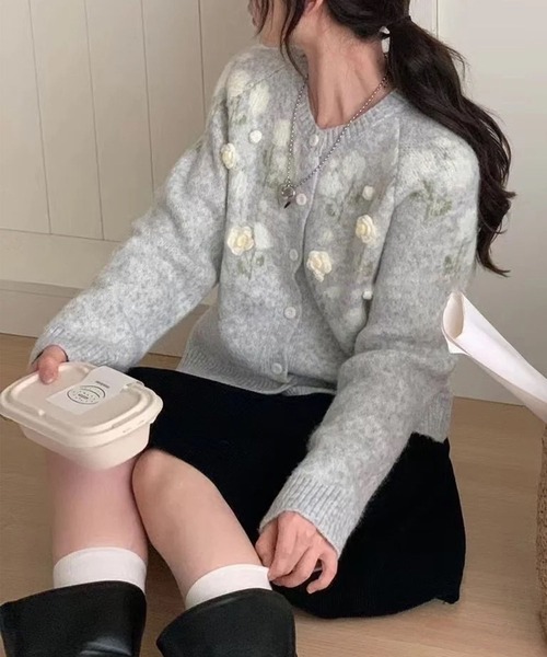 aimoha（アイモハ） カーディガン 立体花モチーフ刺繍カーディガン
