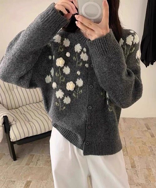 aimoha（アイモハ） カーディガン 立体花モチーフ刺繍カーディガン