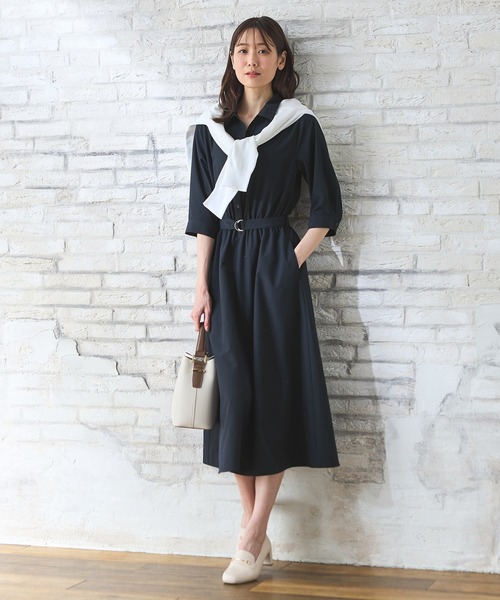 「Honeys」 「GLACIER」シャツワンピース LL ホワイト×ネイビー レディース_画像3