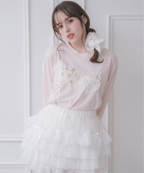 milklim コットンキャンディ長袖Tシャツ　fancy 　かわいい古着 Lolime by mellfy memory tシャツ patchwork ribbon long sleeve