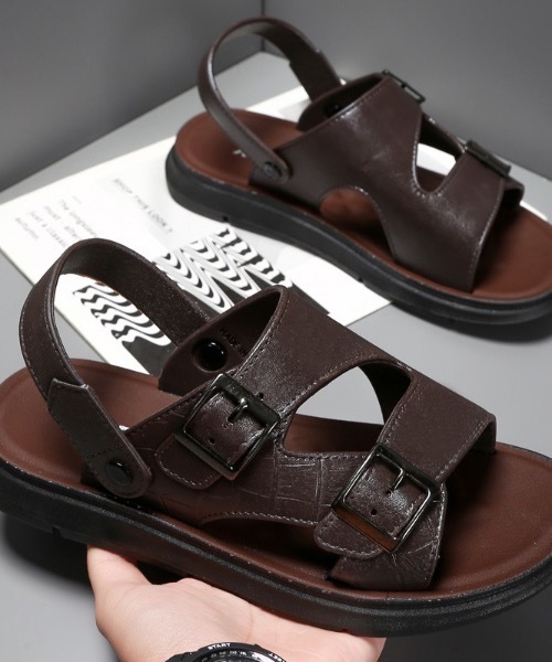 サンダル 「UNISEX」フェイクレザーダブルバックル ストラップサンダル