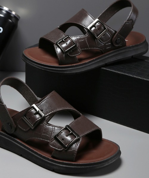 サンダル 「UNISEX」フェイクレザーダブルバックル ストラップサンダル